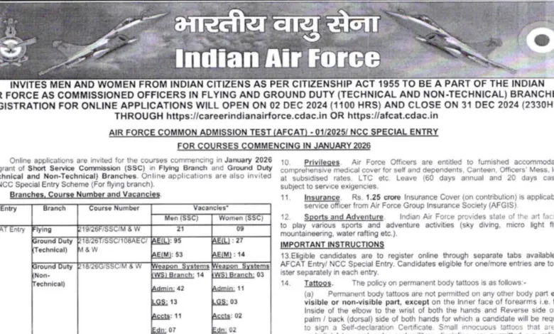 Indian Airforce AFCAT 01/2025 Batch Recruitment 2024 Notification Out, Apply Online for 336 Post