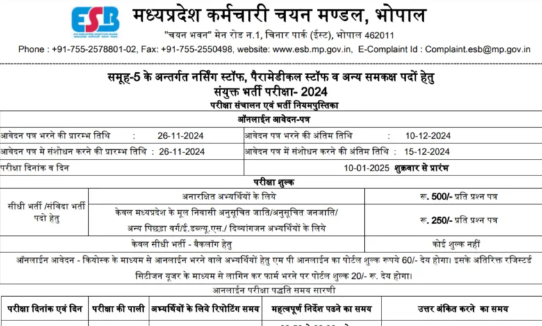 MPESB Group-5 Vacancy 2024 Notification OUT for 881 Posts of Paramedical Staff, Apply Online