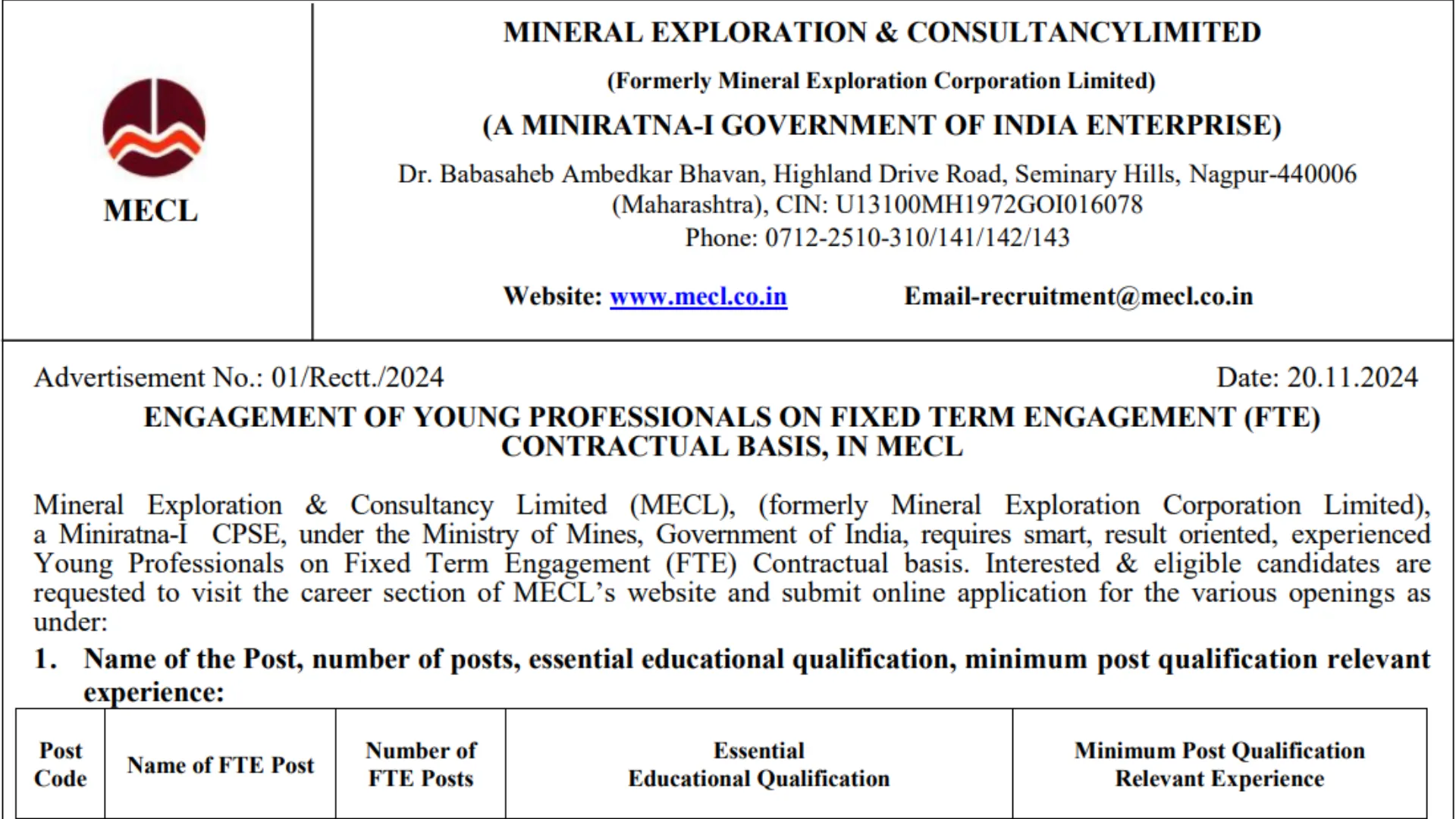 MECL Recruitment 2024: Apply Online for 25 Young Professional Posts with Salary Up to Rs. 60,000