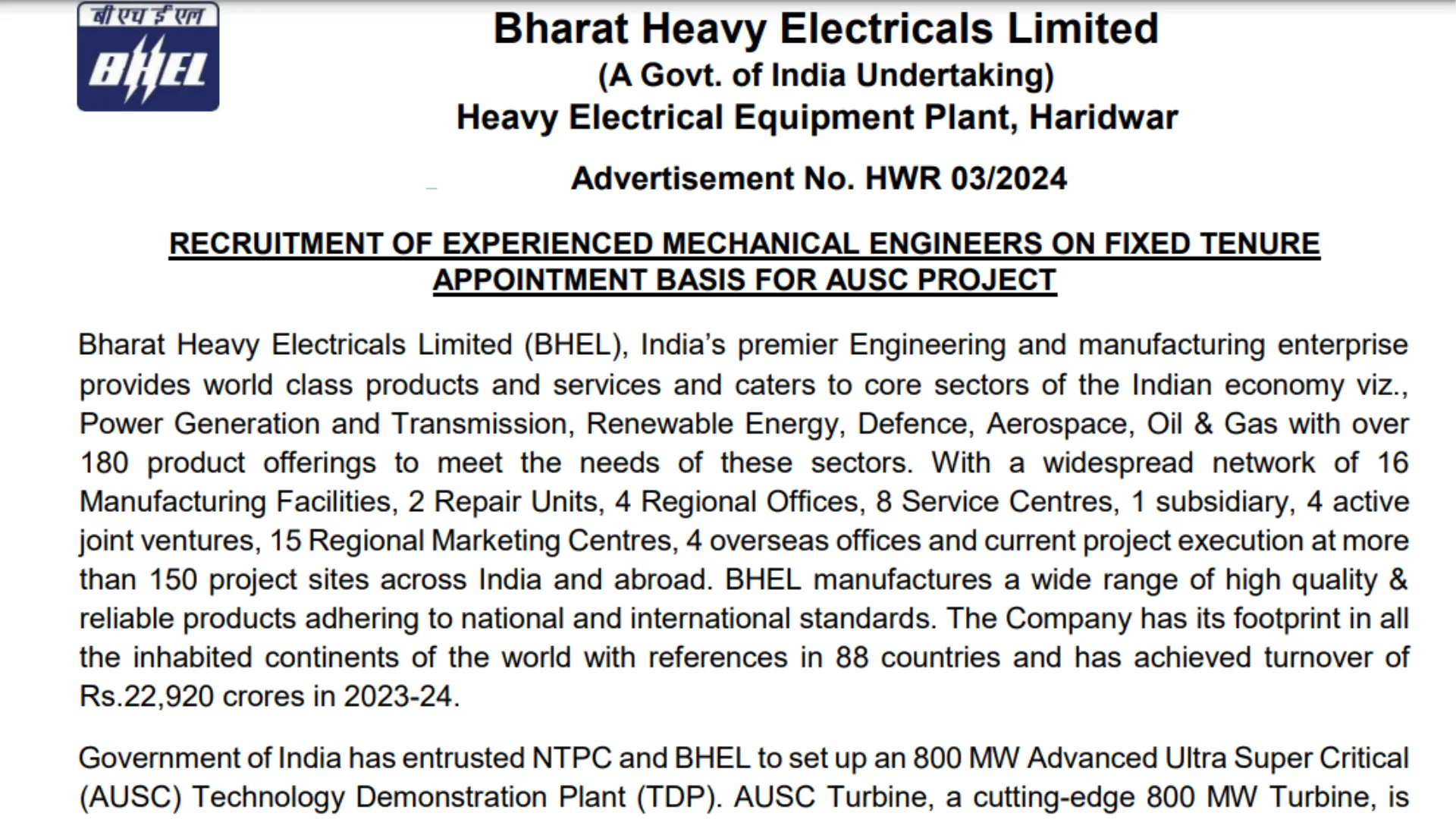 BHEL Recruitment 2024: Apply Online for FTA GR II (AUSC) Posts