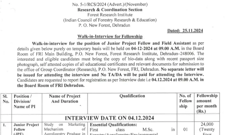 ICFRE Recruitment 2024: Apply for JRF and FA Posts via Walk-In Interview