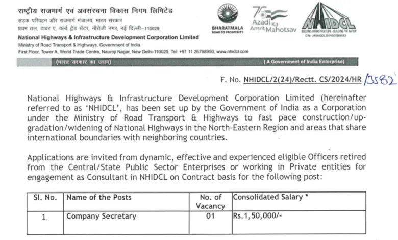 NHIDCL Recruitment 2024: Apply Now for Company Secretary Post with a Monthly Salary Up to ₹1,50,000