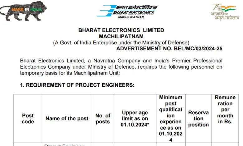 Bharat Electronics Limited (BEL) Recruitment 2024: Apply Online for 20 Project Engineer Posts