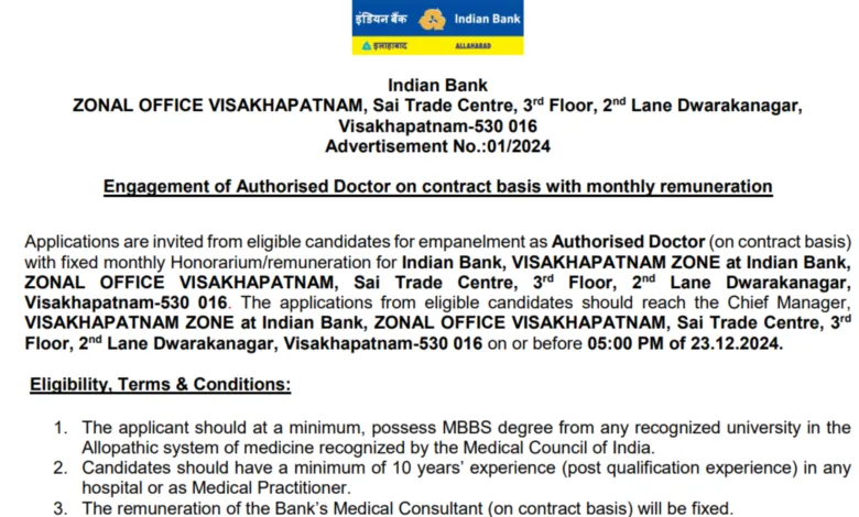 Indian Bank Recruitment 2024: Apply Offline for Authorized Doctor Post