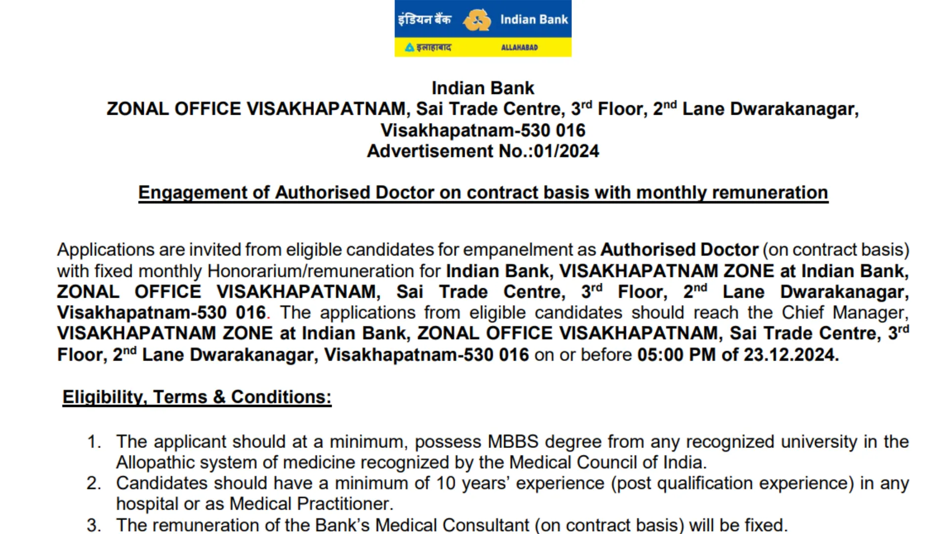 Indian Bank Recruitment 2024: Apply Offline for Authorized Doctor Post