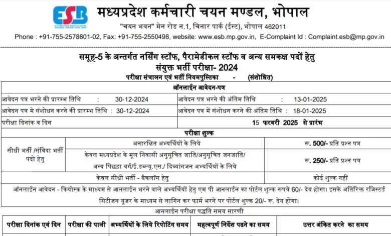 MPESB Group-5 Staff Nurse , Paramedical and Other Post Combined Recruitment Test 2024 Apply Online for 1170 Posts