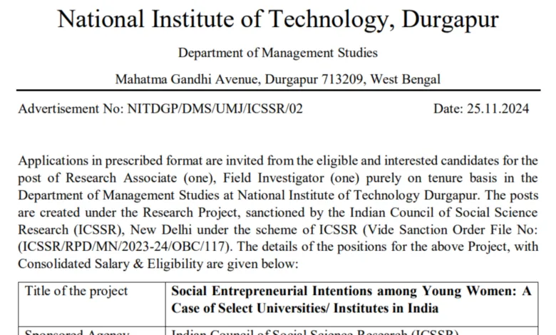 NIT Durgapur Recruitment 2024: Apply Offline for Research Associate and Field Investigator Posts