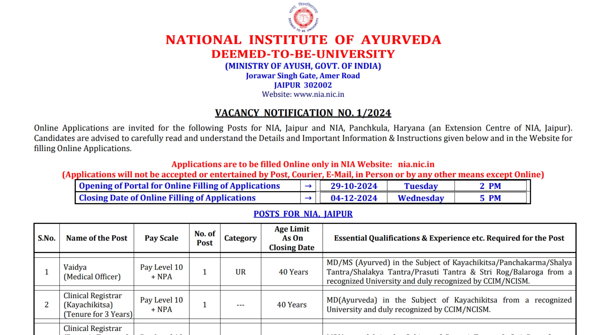 National Institute of Ayurveda (NIA) Non-Teaching Recruitment 2024 Notification Out for MTS and Others Posts, Apply Online