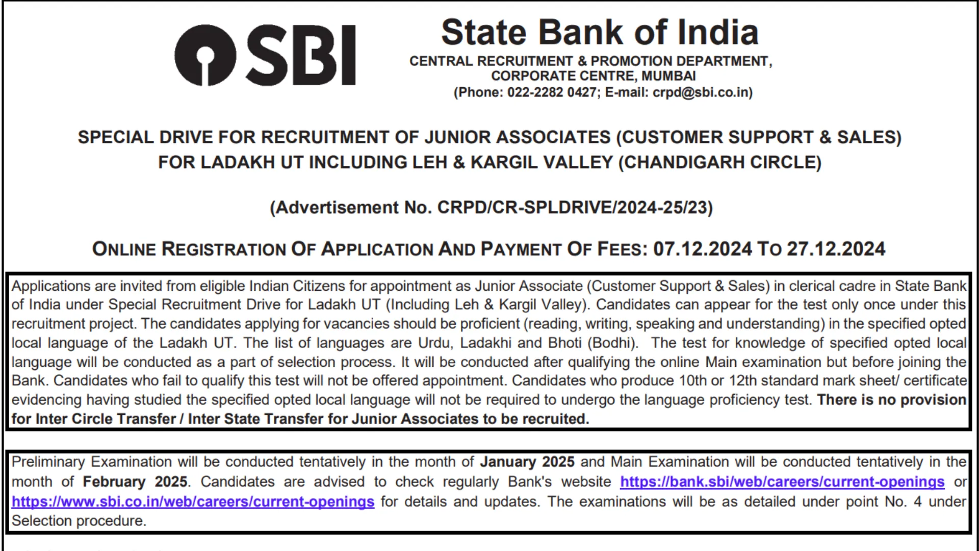 SBI Junior Associate (Clerk) Recruitment 2024 Notification OUT for Ladakh UT, Notification and Apply Online Link