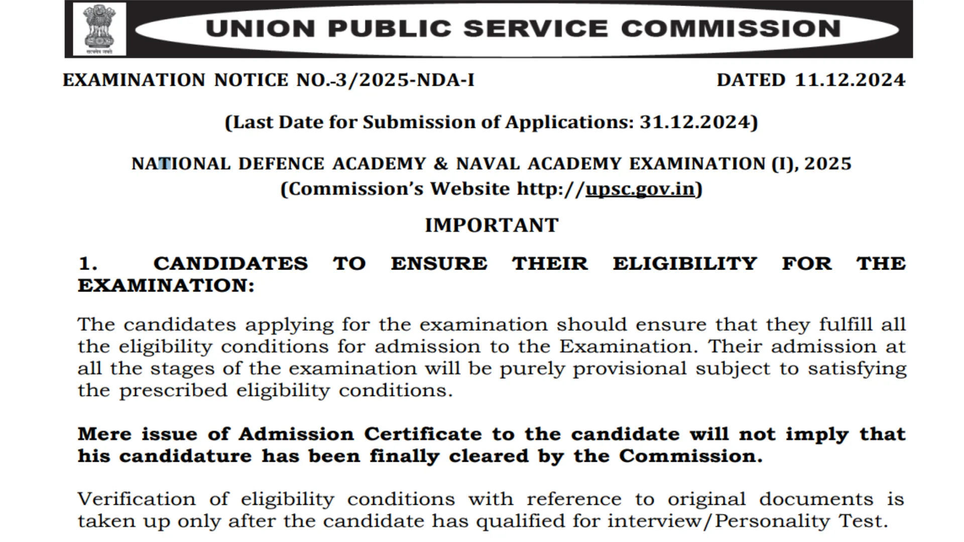 UPSC National Defence Academy and Naval Academy NDA I Examination 2025 Apply Online Form