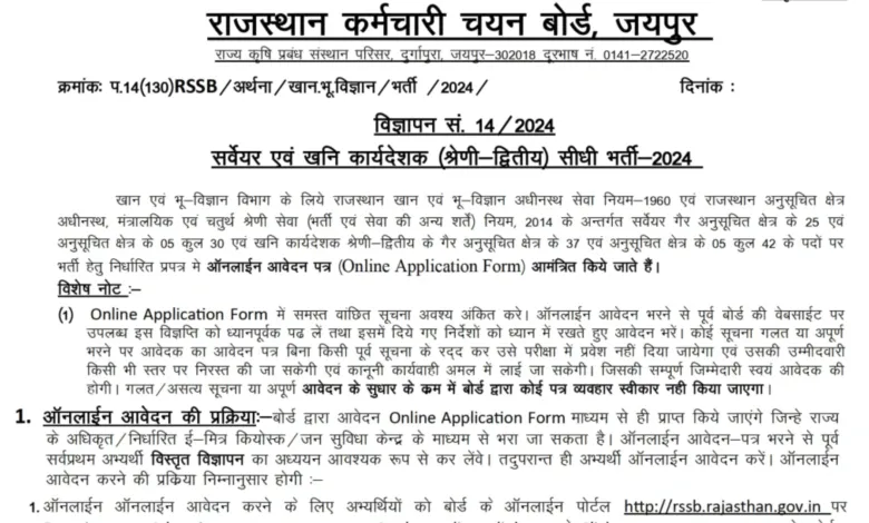 RSMSSB Rajasthan Surveyor and Mines Supervisor Recruitment 2024-25 Notification and Online Form