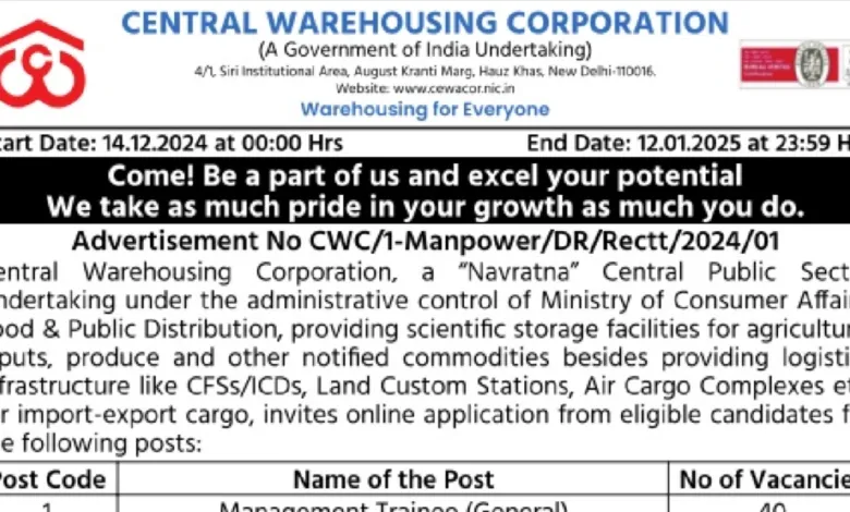 Central Warehousing Corporation (CWC) Recruitment 2024 Notification OUT, Apply Online for 179 Vacancies of MT, Accountant, Supt, and JTA Posts