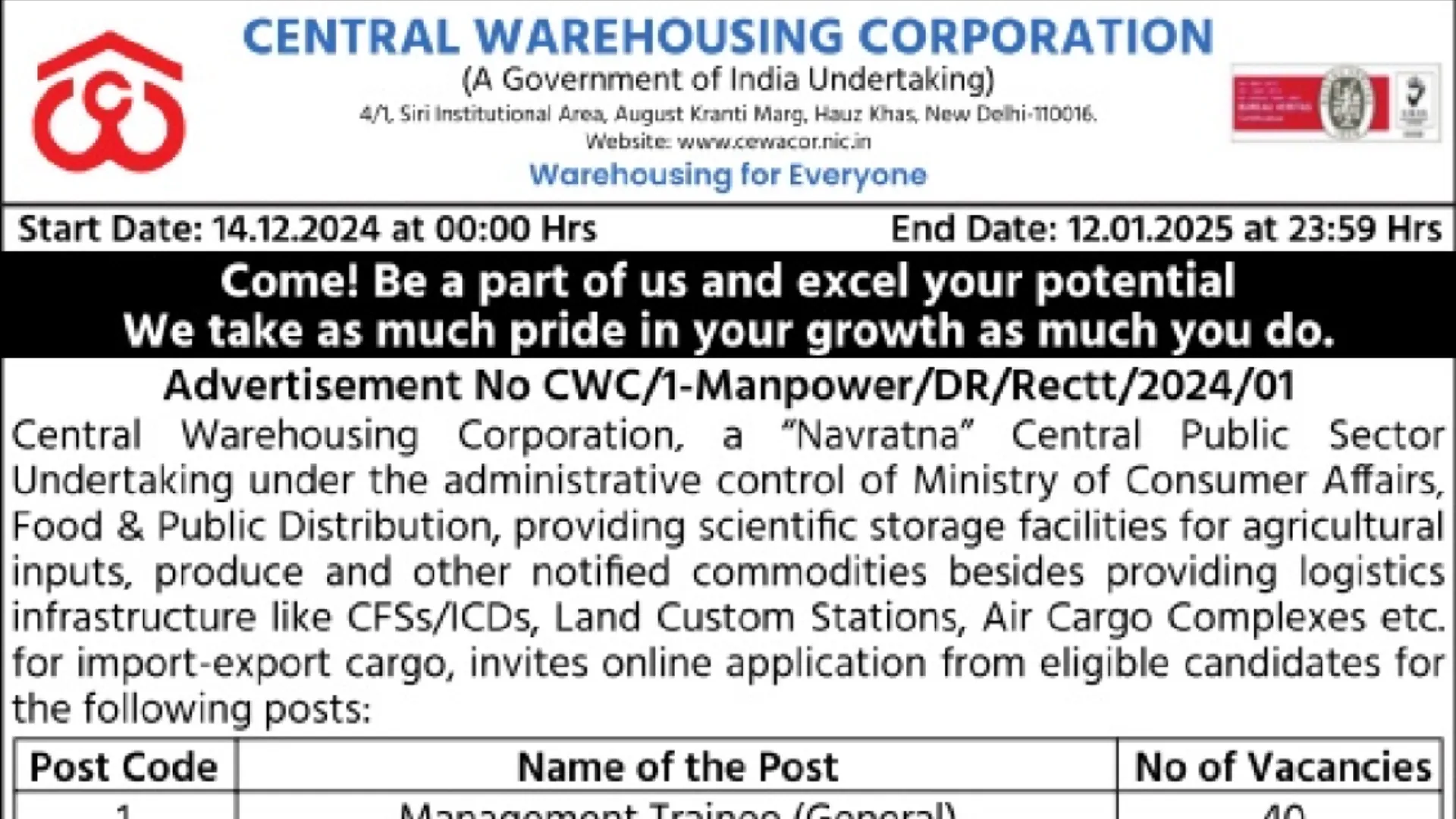 Central Warehousing Corporation (CWC) Recruitment 2024 Notification OUT, Apply Online for 179 Vacancies of MT, Accountant, Supt, and JTA Posts