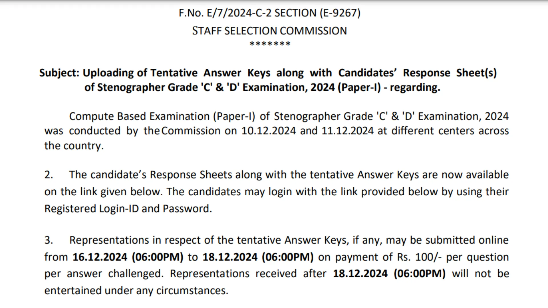 SSC Stenographer Grade C & D Recruitment 2024 Answer Key OUT for Paper-I CBT Exam