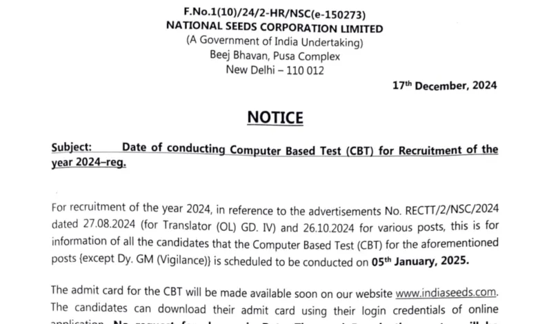 India Seeds (NSCL) Recruitment 2024 Exam Date OUT for Various Posts, Admit Card Download, All Details Given Here