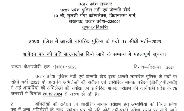 UP Police Constable Recruitment 2023 Result, DV / PST Exam Admit Card / Call Letter for 60244 Male / Female Post 2024