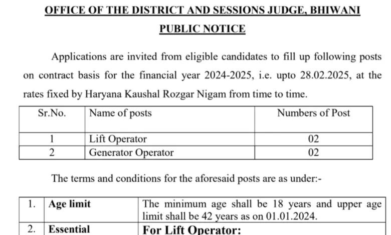 Bhiwani Court Liftman and Generator Operator Recruitment 2024-25 Notification and Offline Application Form