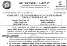 Railway RRC SCR Apprentice Recruitment 2024-25 Notification OUT for 4232 Posts, Apply Online