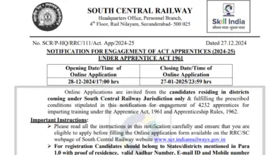 Railway RRC SCR Apprentice Recruitment 2024-25 Notification OUT for 4232 Posts, Apply Online