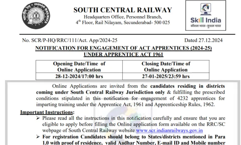 Railway RRC SCR Apprentice Recruitment 2024-25 Notification OUT for 4232 Posts, Apply Online