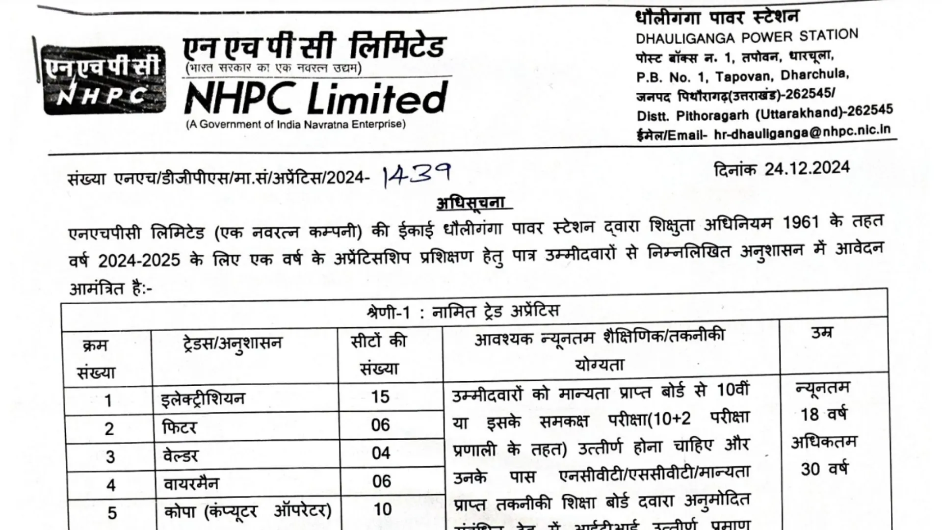 NHPC Apprentice Recruitment 2024-25 Notification and Offline Application Form