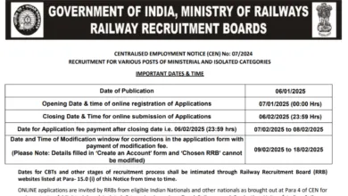 RRB Ministerial and Isolated Categories Recruitment 2025: CEN 07/2024 Notification OUT, Apply Online for 1036 Vacancies