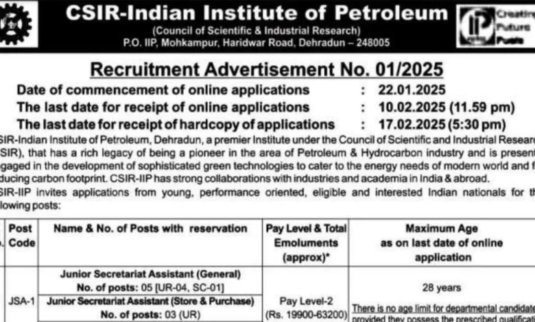 CSIR IIP Recruitment 2025 JSA and Stenographer Various Posts Notification and Online Form