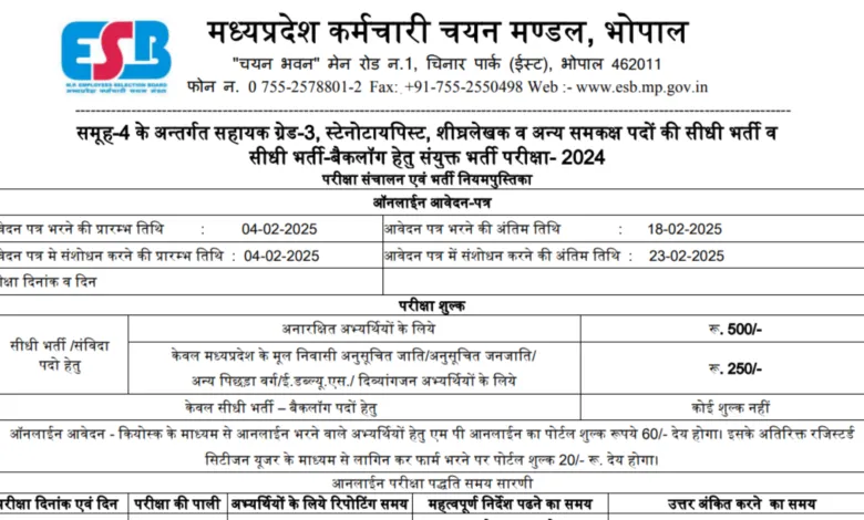 MPESB Group-4 Stenographer Recruitment 2025 Notification and Online Form