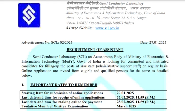 Semi Conductor Laboratory (SCL) Assistant Recruitment 2025 Notification and Online Form