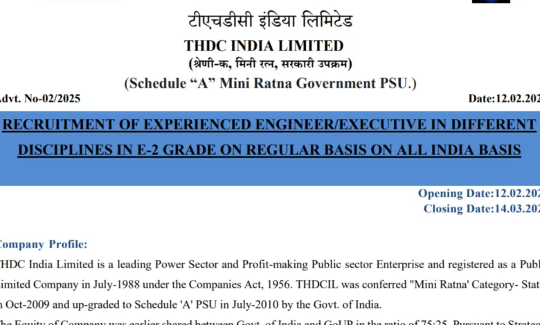 THDC India Limited Recruitment 2025 Notification Out for 129 Executive and Engineer Posts, Apply Online