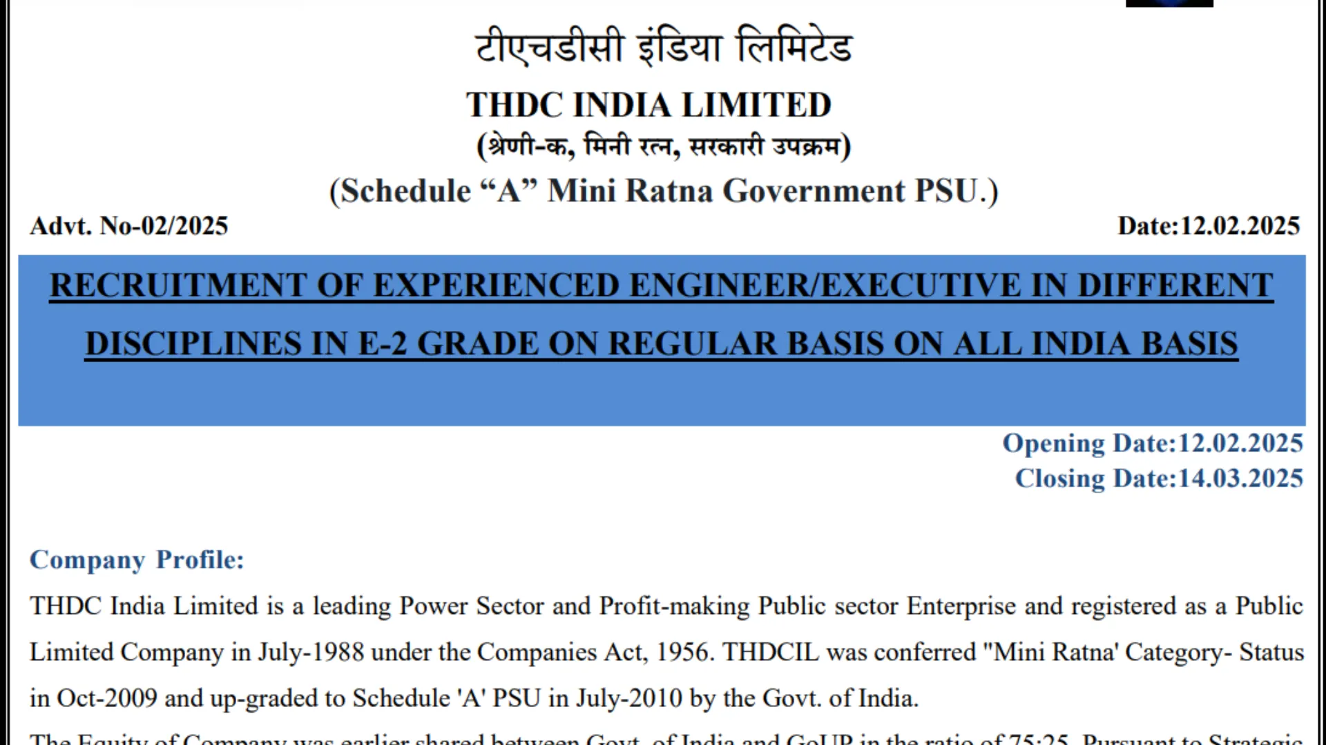 THDC India Limited Recruitment 2025 Notification Out for 129 Executive and Engineer Posts, Apply Online