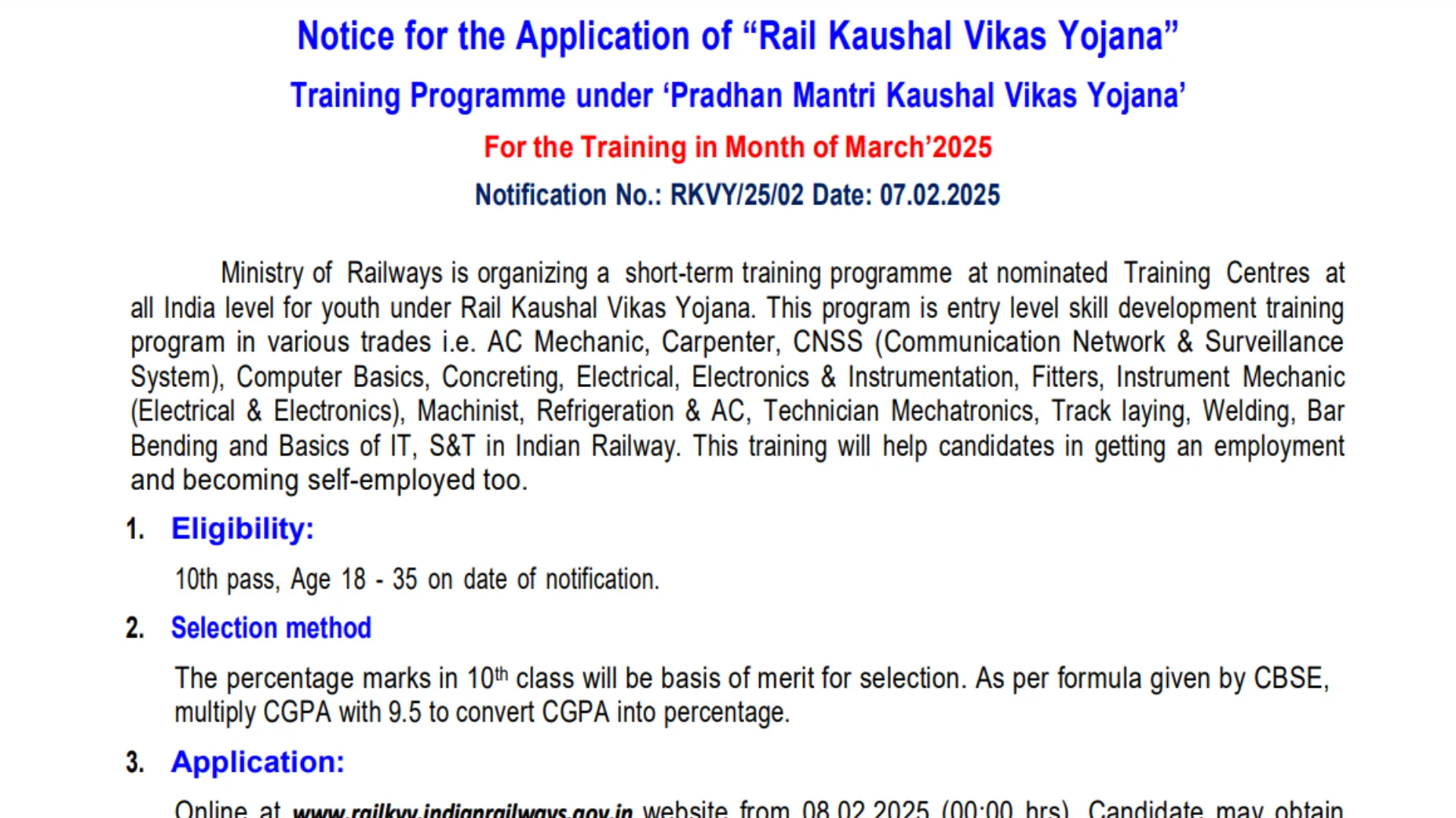 Rail Kaushal Vikas Yojana 2025 Notification Released, Apply Online Form