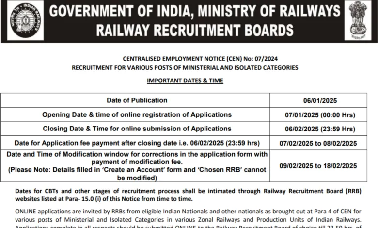 RRB Ministerial and Isolated Recruitment 2025 Notification Released for 1036 Posts, Apply Online