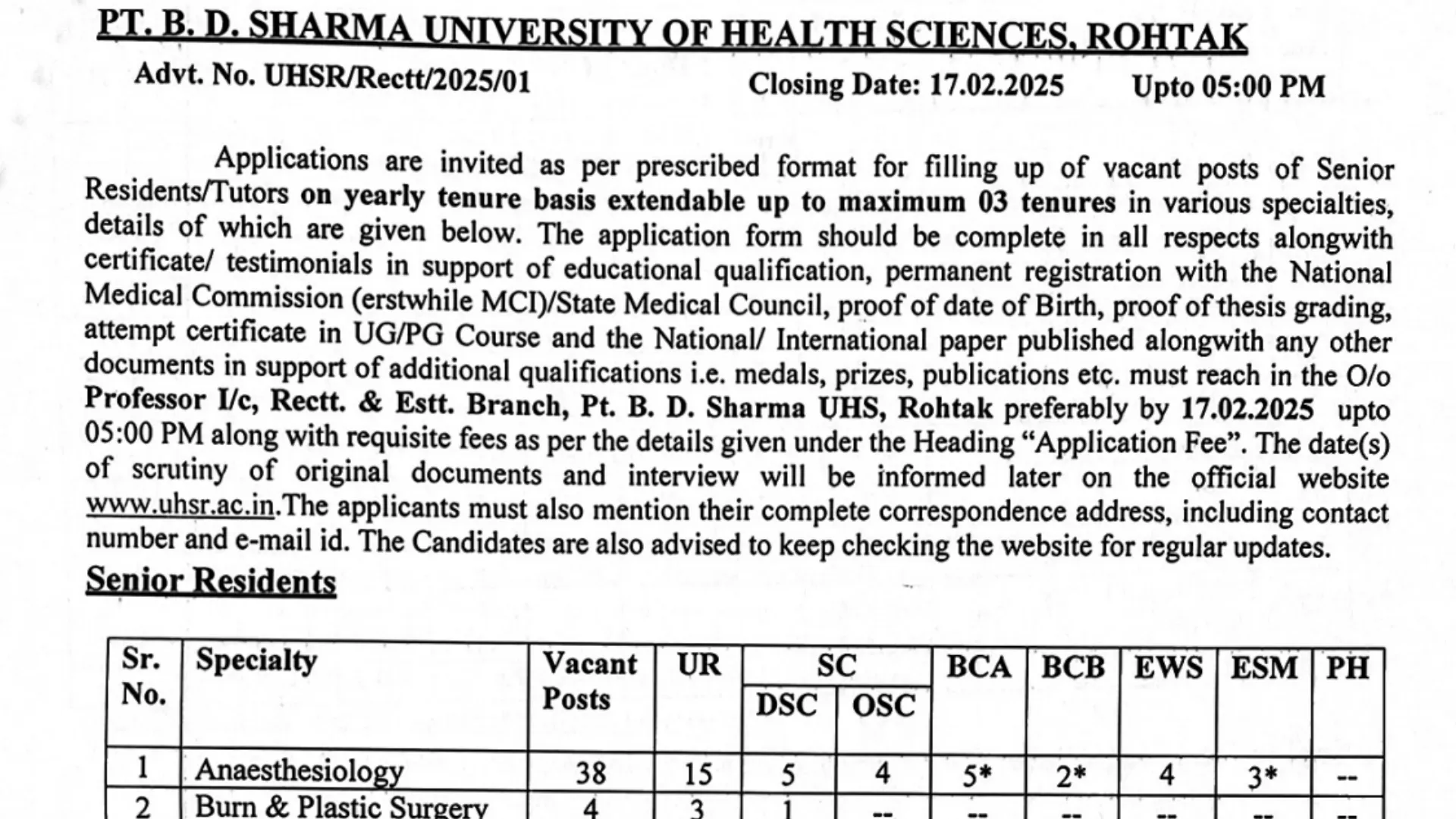 Rohtak PGI Senior Resident Recruitment 2025 Notification and Offline Application Form