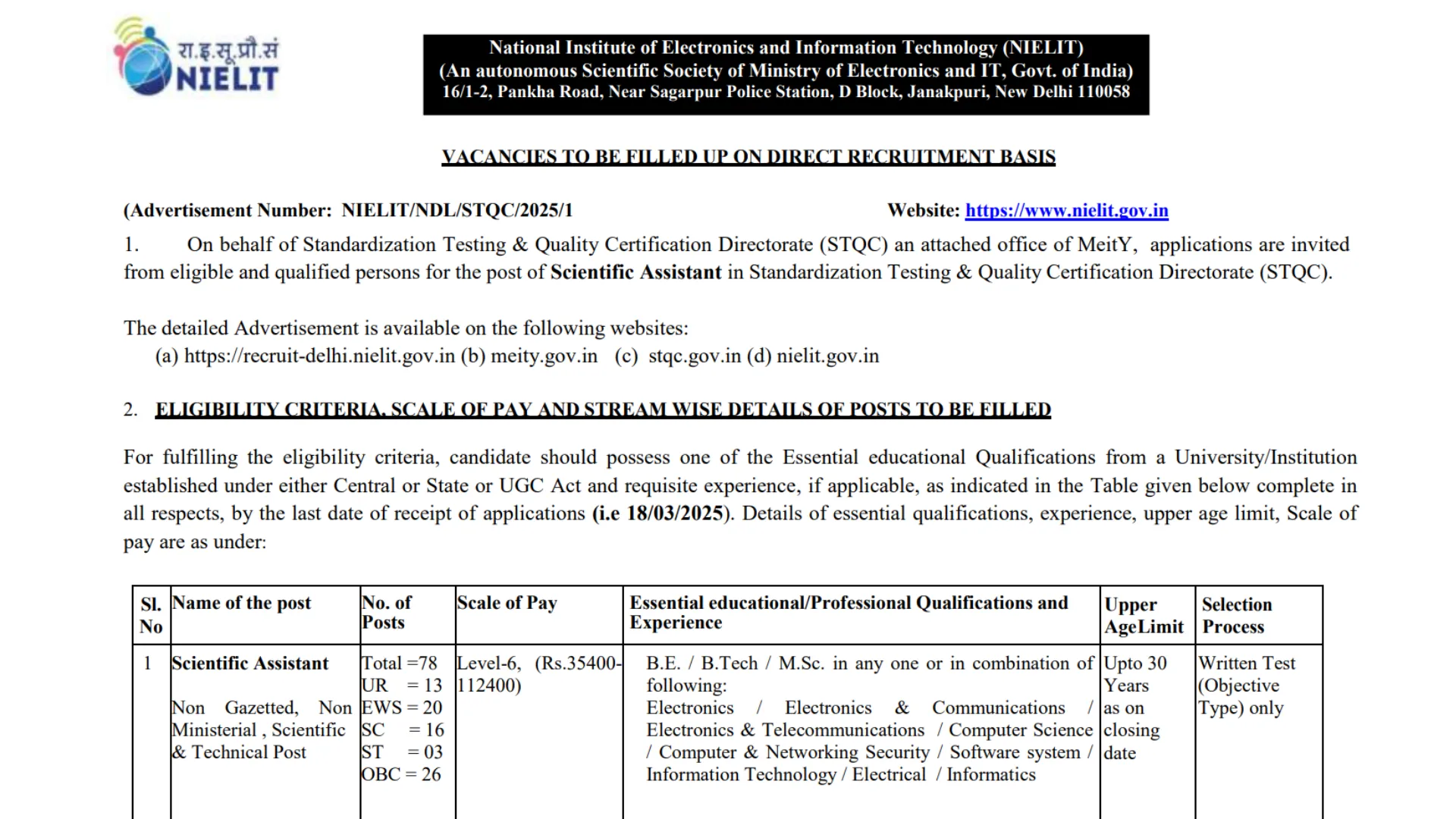 NIELIT Scientific Assistant Recruitment 2025 Notification Released for 78 Posts, Apply Online