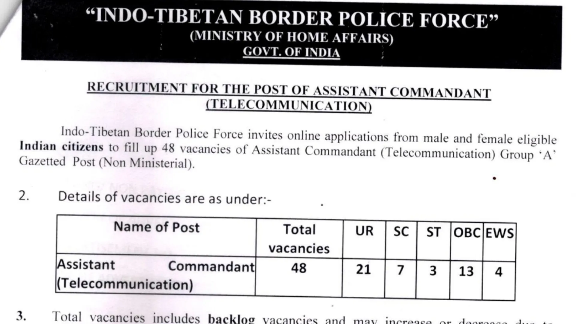 ITBP Assistant Commandant (Telecom) Recruitment 2025 Notification Out for 48 Posts, Apply Online