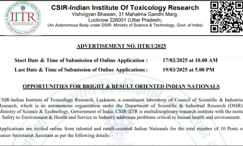 CSIR IITR Junior Secretariat Assistant (JSA) Recruitment 2025 Notification and Online Form