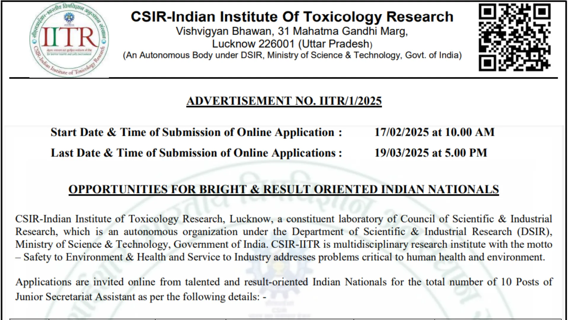 CSIR IITR Junior Secretariat Assistant (JSA) Recruitment 2025 Notification and Online Form