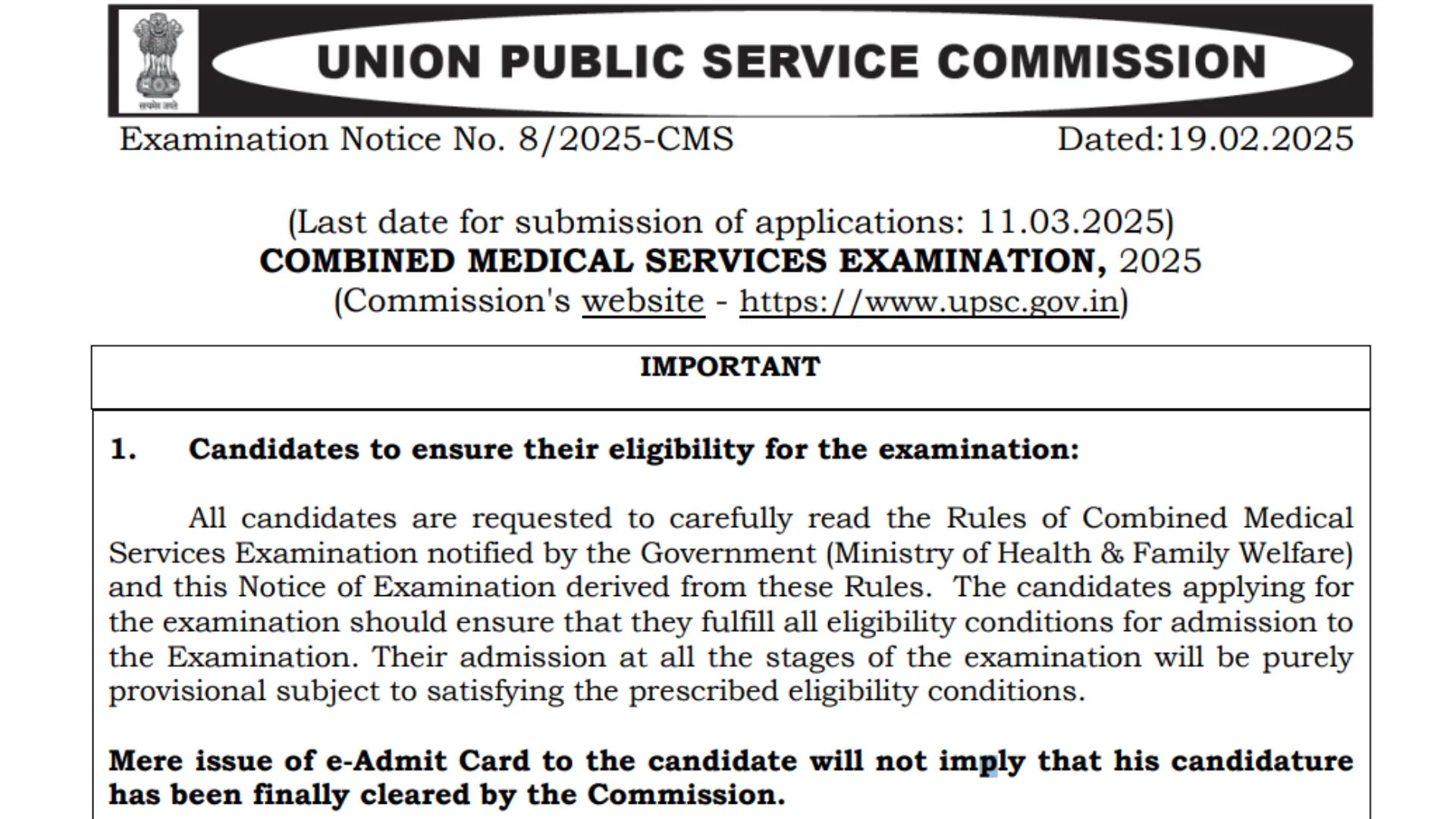 UPSC Combined Medical Services (CMS) Recruitment 2025 Notification Released, Apply Online for 705 Posts