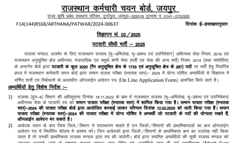 Rajasthan RSMSSB Patwari Recruitment 2025 Notification Released for 2020 Posts, Apply Online