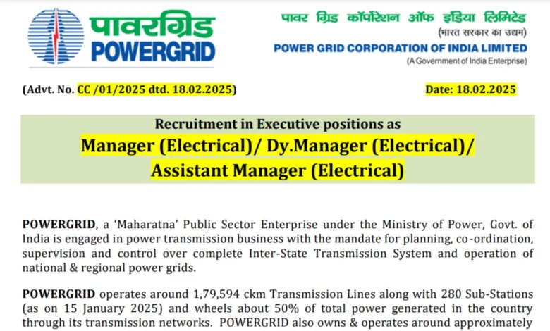 PGCIL Executive Recruitment 2025 Notification Out, Apply Online for 115 Posts