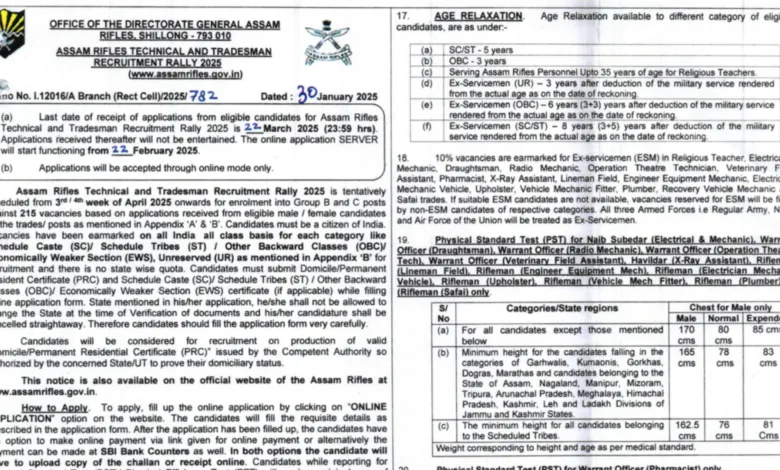 Assam Rifles Technical and Tradesman Recruitment 2025 Notification Released for 215 Posts, Apply Online