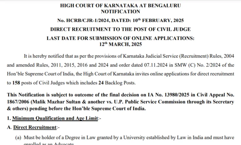 Karnataka High Court Civil Judge Recruitment 2025 Notification Released and Apply Online for 158 Posts