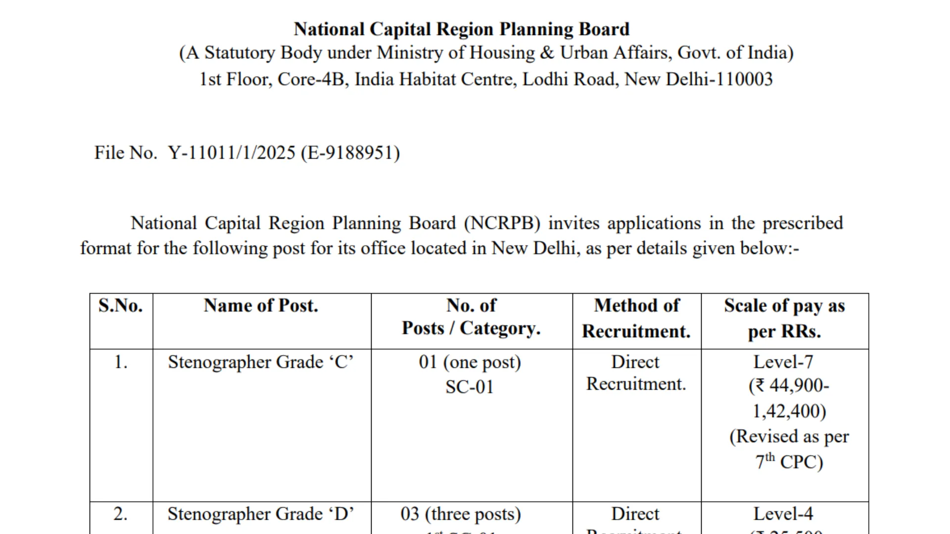 NCRPB Delhi Recruitment 2025 Notification Released and Apply for MTS & Stenographer Posts