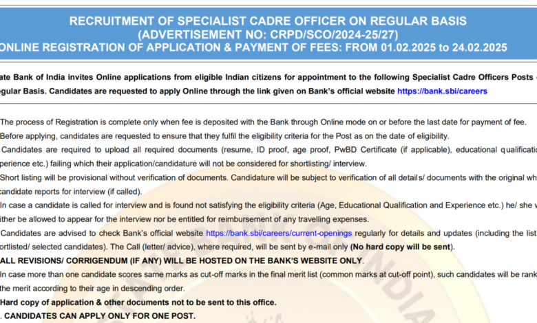 SBI Bank SO Recruitment 2025 Notification Released and Apply Online