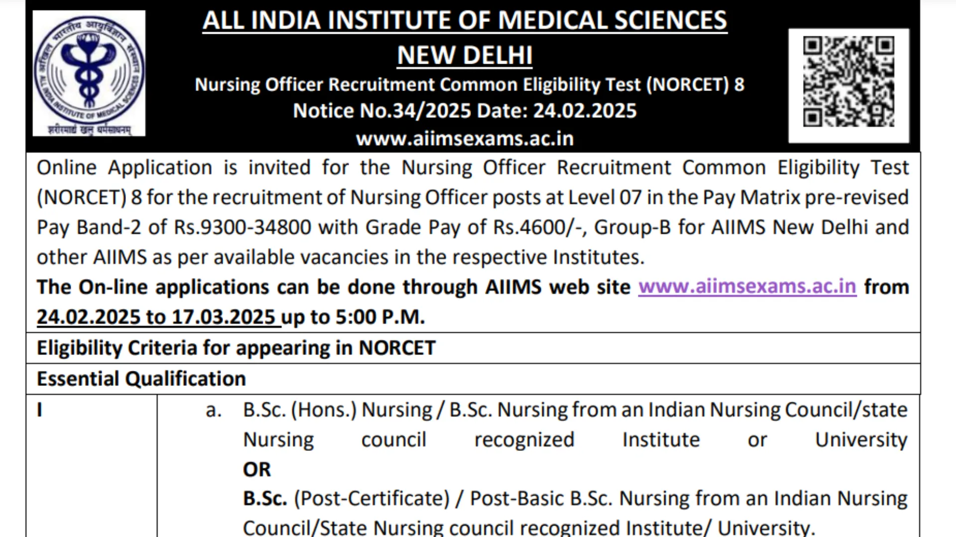 AIIMS Nursing Officer (NORCET 8th) Recruitment 2025 Notification and Online Form
