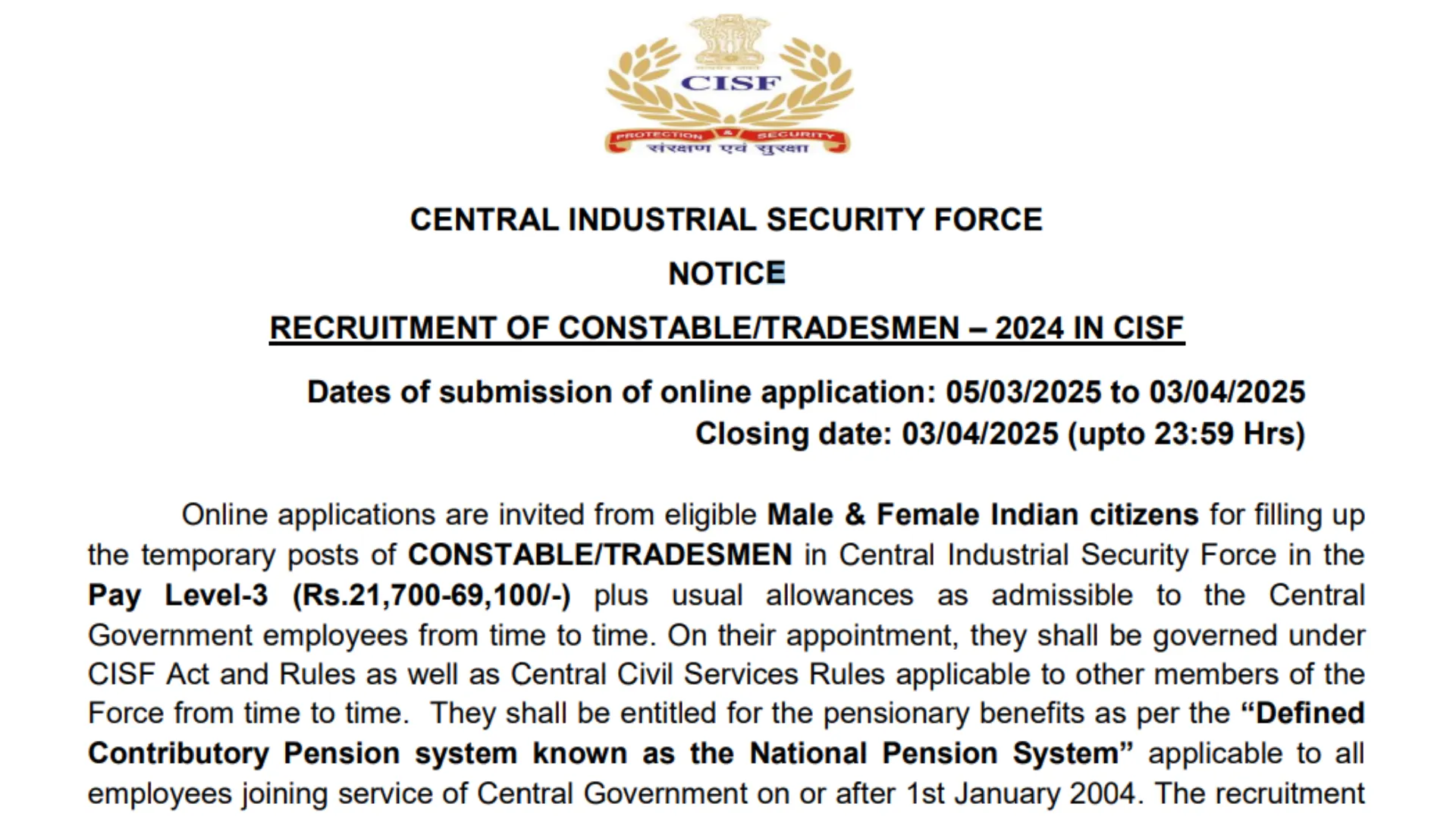 CISF Constable Tradesmen Recruitment 2025 Notification Released for 1161 Posts, Apply Online