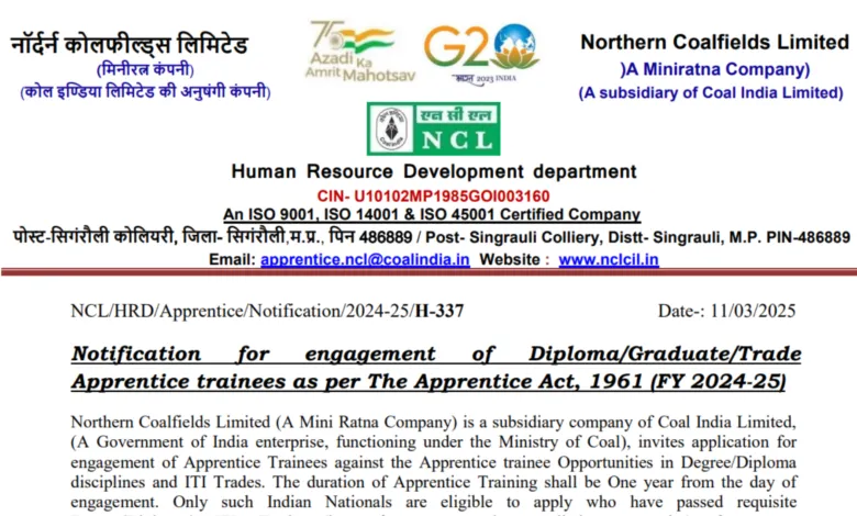 NCL Apprentice Recruitment 2025 Notification Out for 1765 Posts, Apply Online