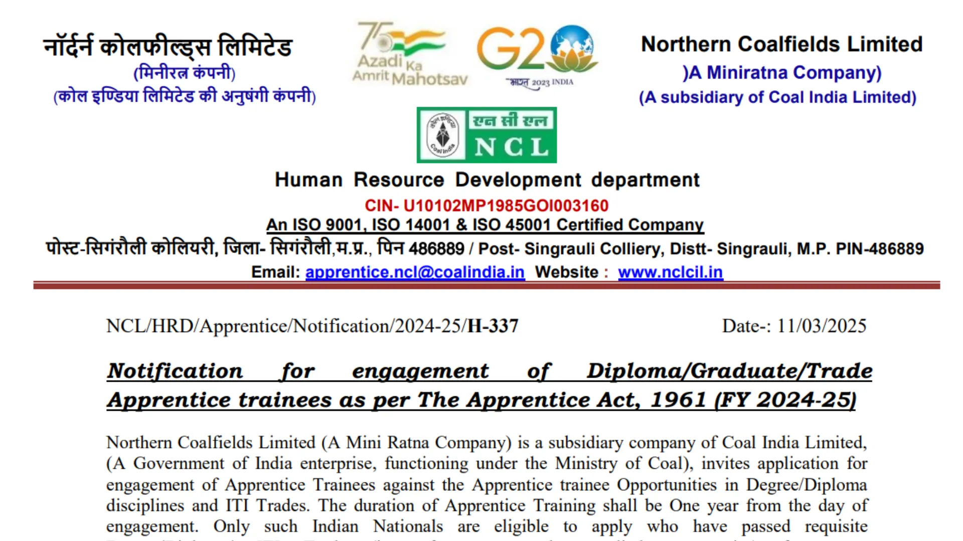 NCL Apprentice Recruitment 2025 Notification Out for 1765 Posts, Apply Online