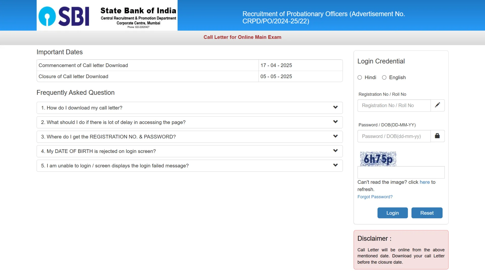 SBI Bank Probationary Officer (PO) Recruitment 2025 Phase I Result, Mains Admit Card for 600 Post